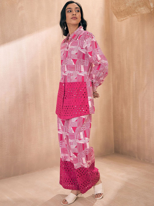 Abstract Printed Pure Cotton Schiffli Shirt With Trouser