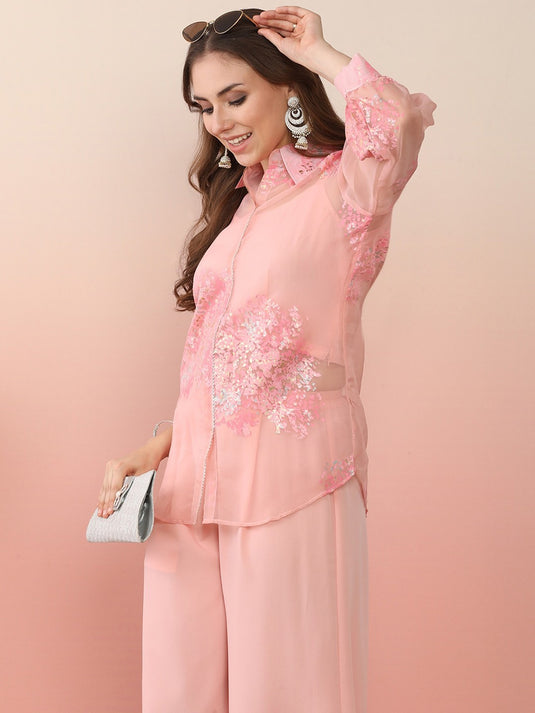 Pink Shoulder Straps Top & Palazzo With Jacket