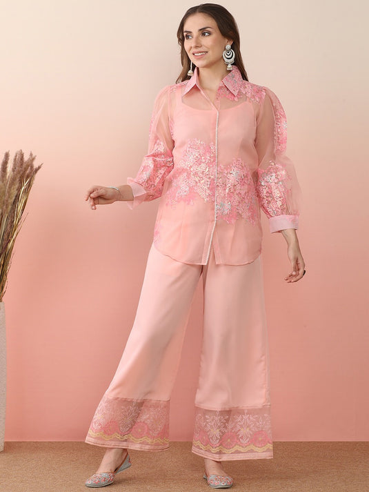 Pink Shoulder Straps Top & Palazzo With Jacket