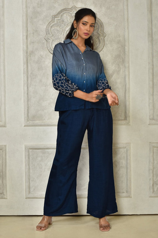 Blue Dola Silk Ombre Pearl Embellished Top With Pant