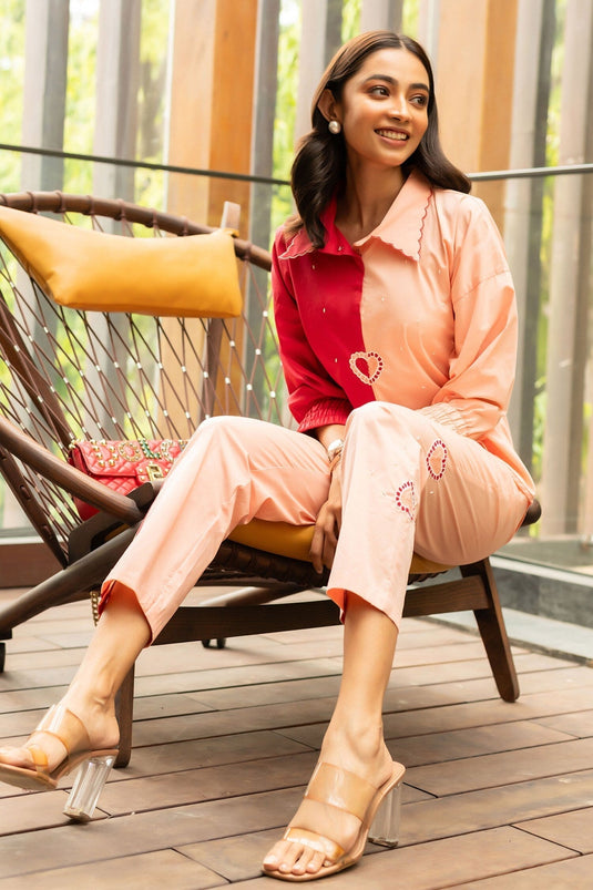 Pink Cotton Poplin Embellished Sequin Shirt Colour Block With Pant