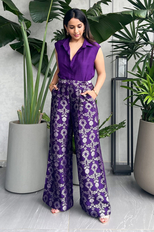Purple Silk Shirt And Floral Brocade Woven Pant