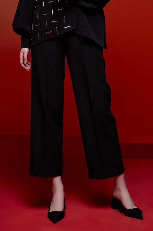 Black Luxury Crepe Embroidered Metallic Beads Wrap It Around Top With Pant