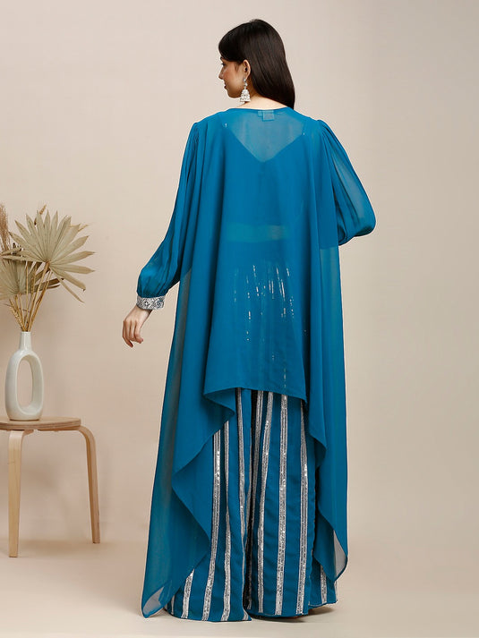 Embroidered V- Neck Crop Top & Shrug With Palazzos Co-Ords