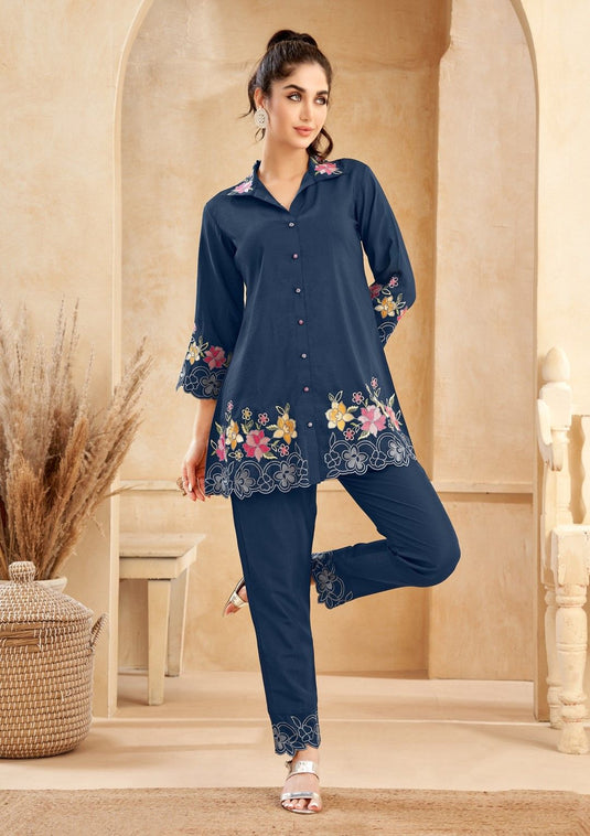 Blue Floral Embroidered Shirt and Pant (Set of 2)