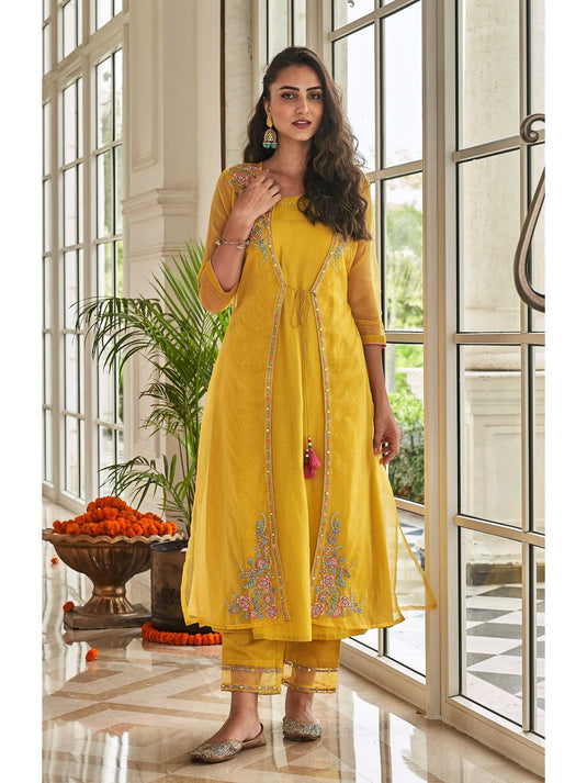 Shamita Marigold Embroidery Designer Organza Jacket (Set of 3)