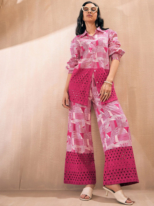 Abstract Printed Pure Cotton Schiffli Shirt With Trouser