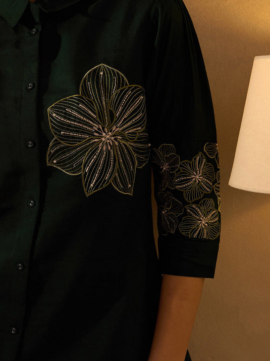 Bottle Green Floral Embroidered Shirt Collar Tunic With Trousers Party Co-Ords