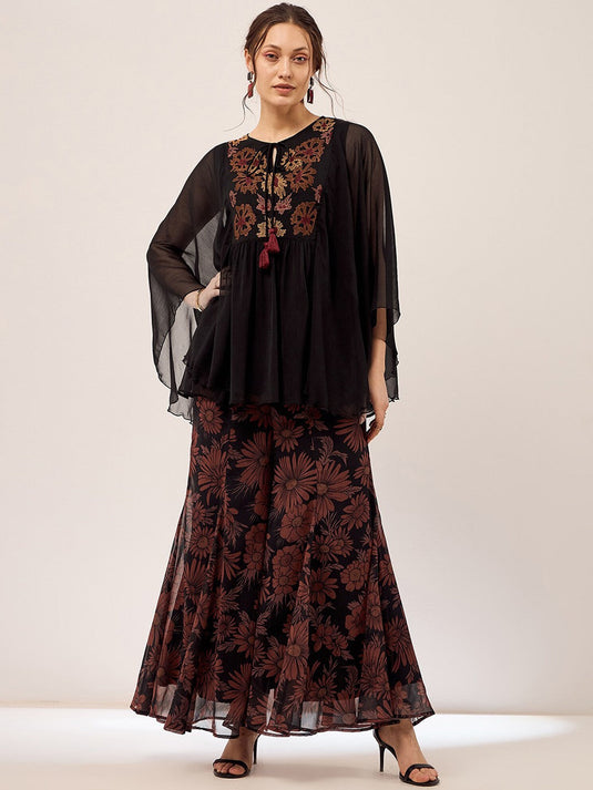 Black Embroidered Top With Palazzo