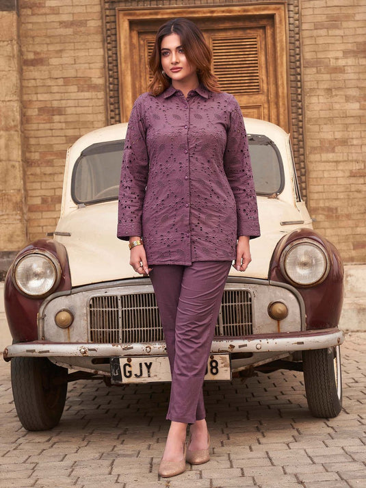 Women's Mauve Self Design Regular Fit Co-Ord (Set of 2)