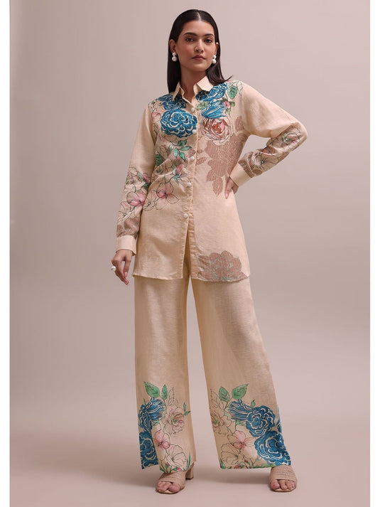 Peach Linen Summer Co-Ord With Floral Stripe Print Kurta And Pant (Set of 3)