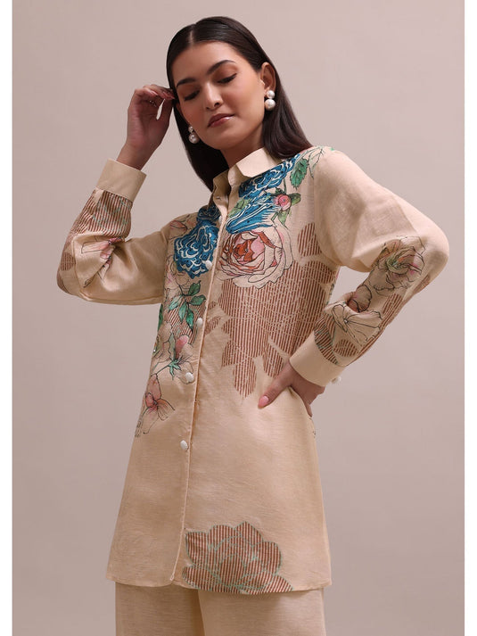 Peach Linen Summer Co-Ord With Floral Stripe Print Kurta And Pant (Set of 3)