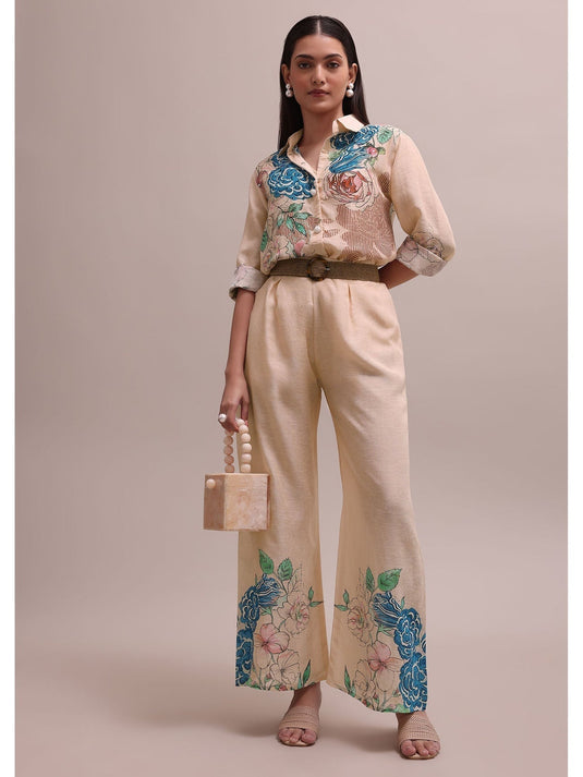 Peach Linen Summer Co-Ord With Floral Stripe Print Kurta And Pant (Set of 3)