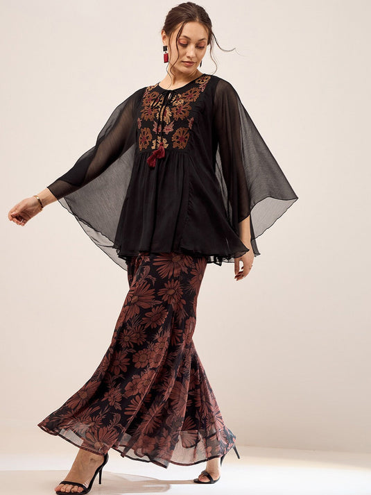 Black Embroidered Top With Palazzo