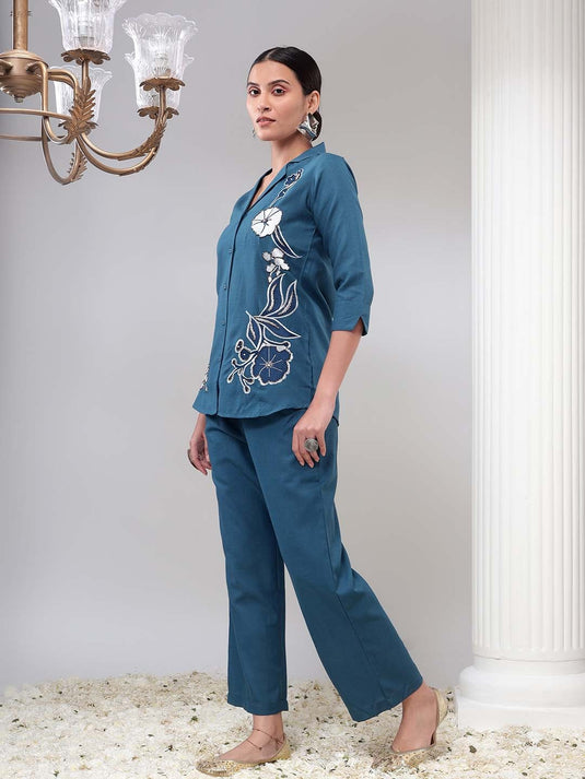 Floral Embroidered Shirt & Palazzos Set