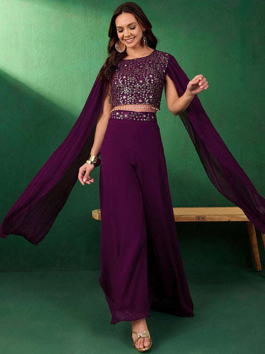 Floral Embroidered Sequined Crop Top With Palazzo