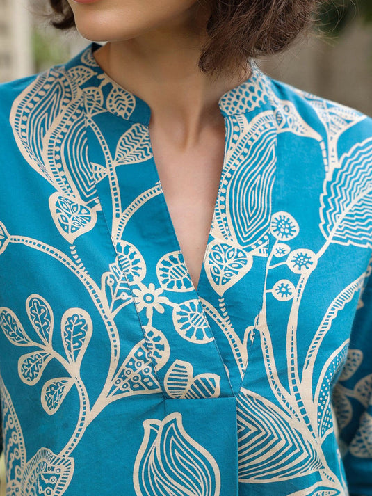 Blue Floral Printed Mandarin Collar Pure Cotton Top With Trousers