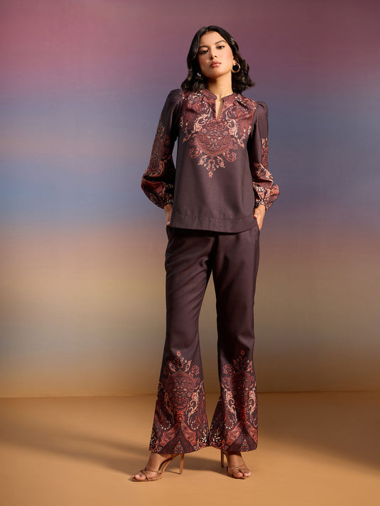 Black Placement Print Blouson Top Fit and Flare Pant Linen Co-Ord (Set of 2)