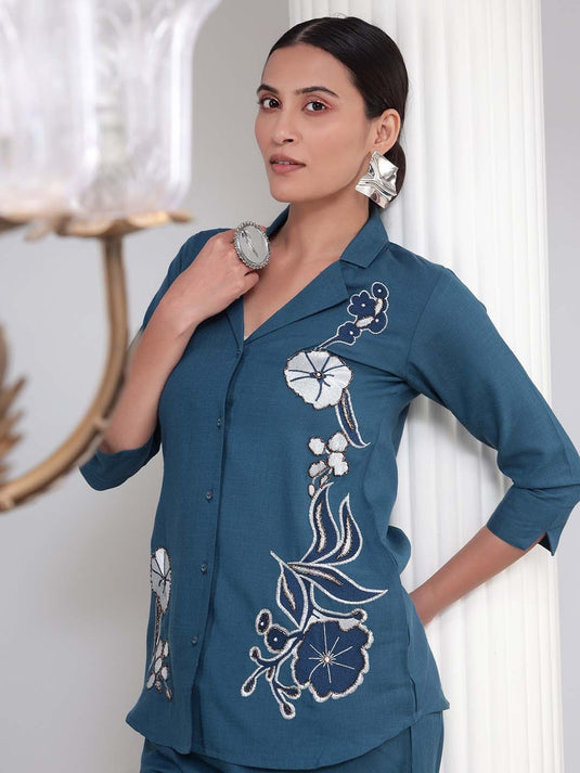 Floral Embroidered Shirt & Palazzos Set