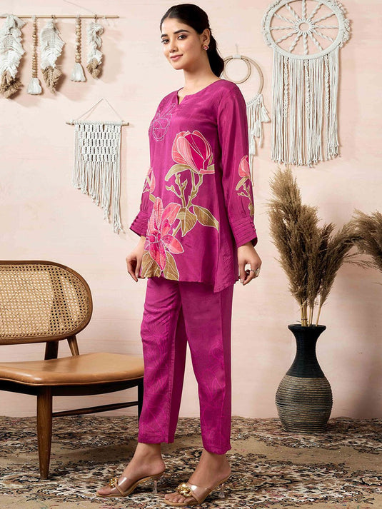 Floral Printed Notch Neck Sequinned Tunic With Trousers