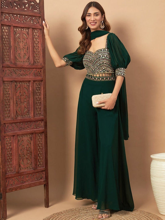 Mirror Embroidered Bishop Sleeves Crop Top & Palazzo With Dupatta