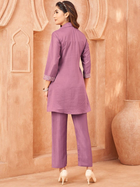 Floral Printed Shirt Collar Tunic With Trouser