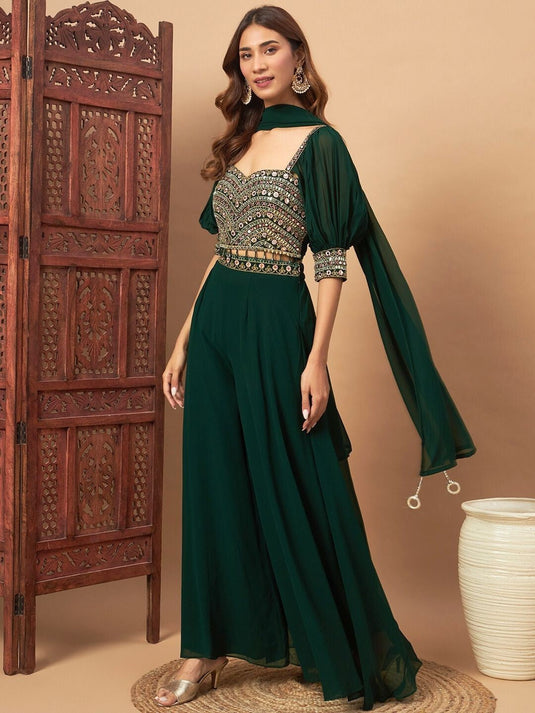 Mirror Embroidered Bishop Sleeves Crop Top & Palazzo With Dupatta