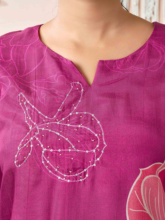 Floral Printed Notch Neck Sequinned Tunic With Trousers
