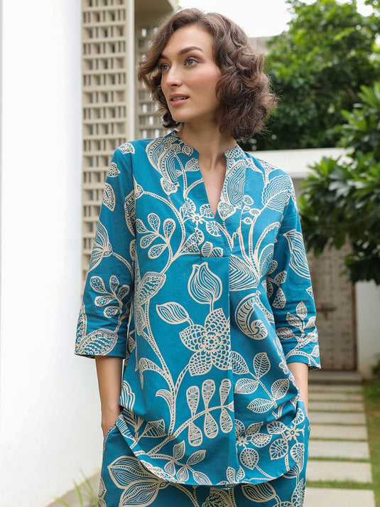 Blue Floral Printed Mandarin Collar Pure Cotton Top With Trousers