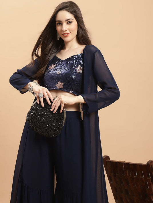 Embellished Sequinned Crop Top with Sharara & Jacket