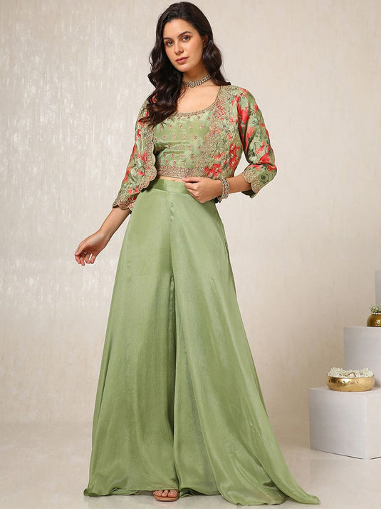 Embroidered Top, Jacket With Palazzo