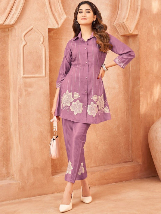 Floral Printed Shirt Collar Tunic With Trouser