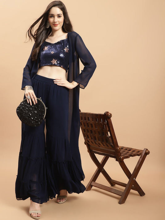 Embellished Sequinned Crop Top with Sharara & Jacket
