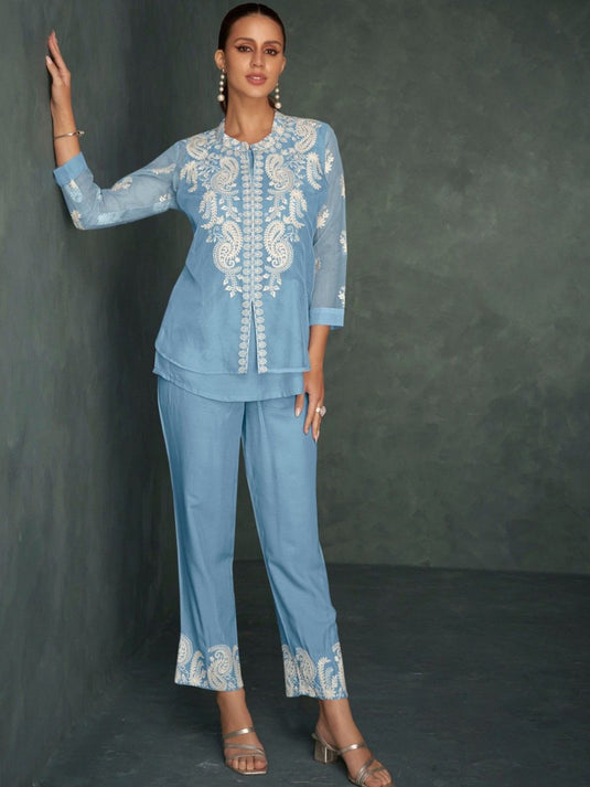 Women Embroidered Top & Trousers With Inner Co-Ords