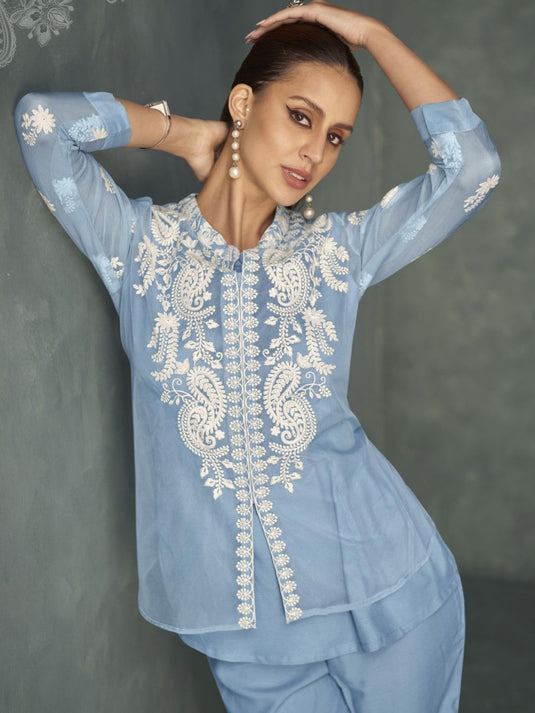 Women Embroidered Top & Trousers With Inner Co-Ords