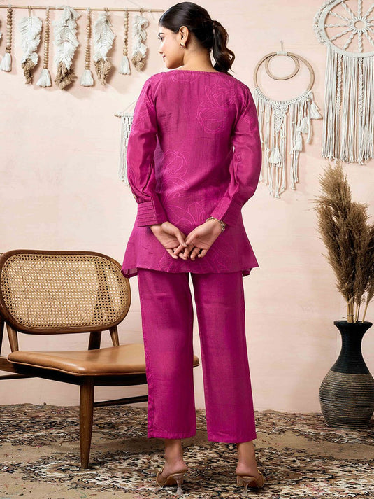 Floral Printed Notch Neck Sequinned Tunic With Trousers