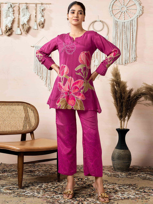 Floral Printed Notch Neck Sequinned Tunic With Trousers