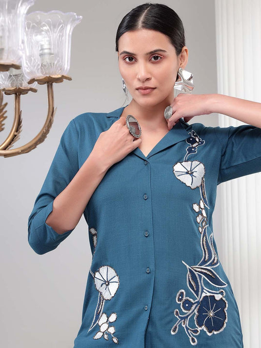 Floral Embroidered Shirt & Palazzos Set