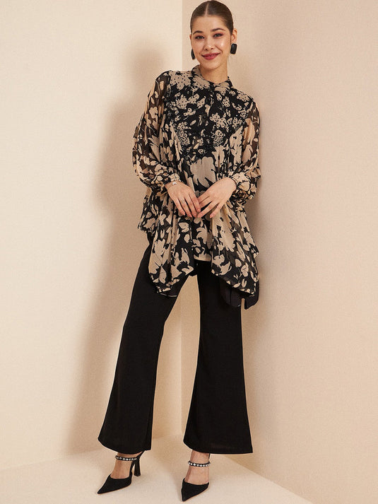 Black Printed Embellished Top & Trousers