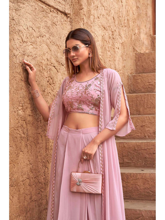Women Pink Georgette Embroidered Co-Ord (Set of 3)