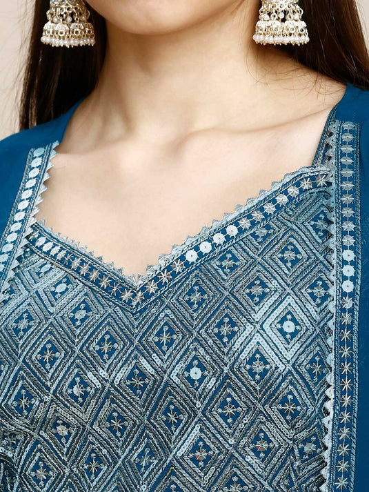 Embroidered V- Neck Crop Top & Shrug With Palazzos Co-Ords