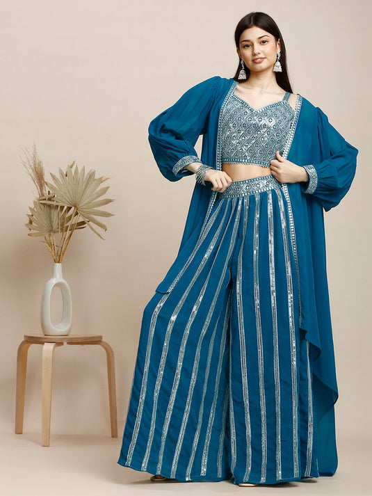 Embroidered V- Neck Crop Top & Shrug With Palazzos Co-Ords