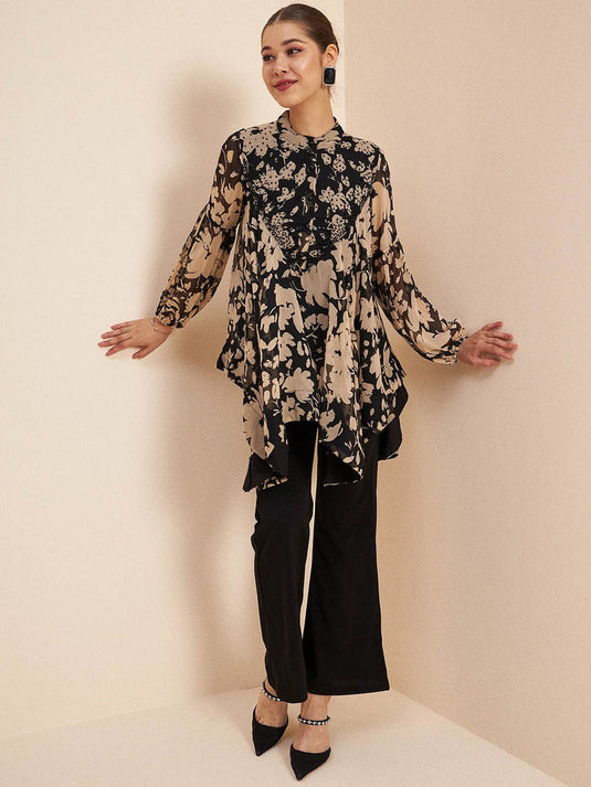 Black Printed Embellished Top & Trousers