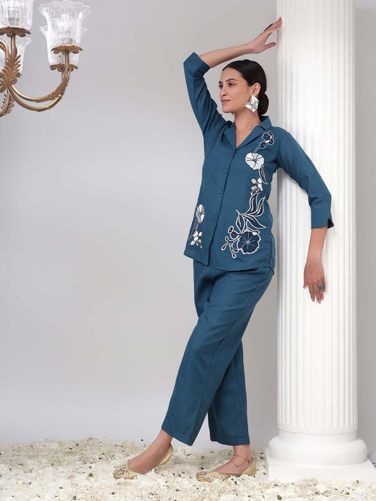 Floral Embroidered Shirt & Palazzos Set