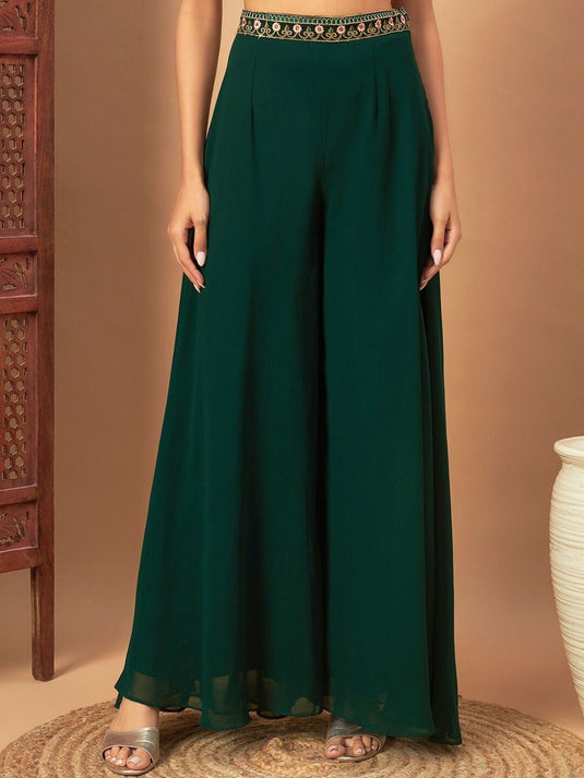 Mirror Embroidered Bishop Sleeves Crop Top & Palazzo With Dupatta