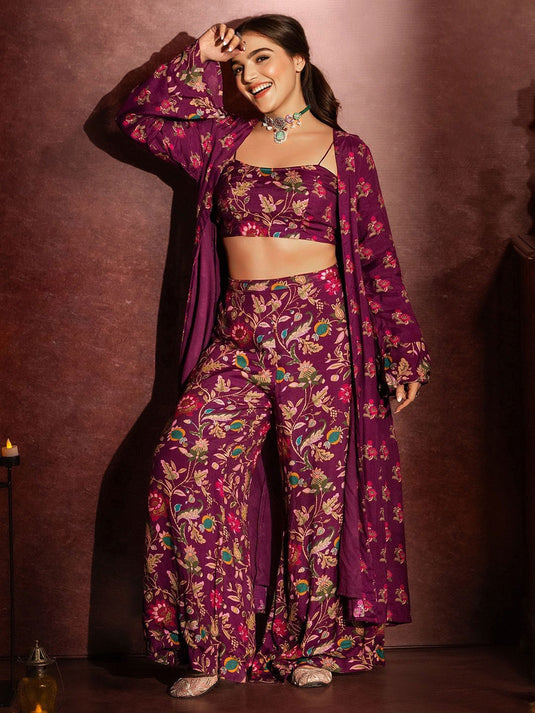 Floral Printed Shoulder Straps Top With Palazzo & Shrug