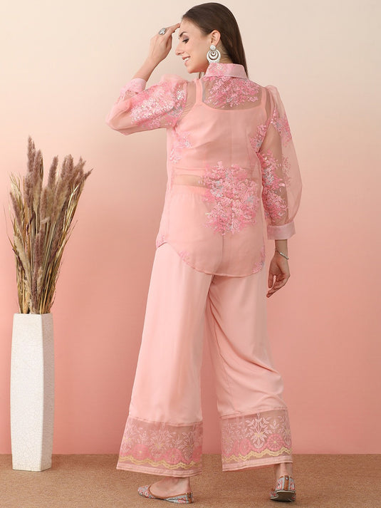 Pink Shoulder Straps Top & Palazzo With Jacket