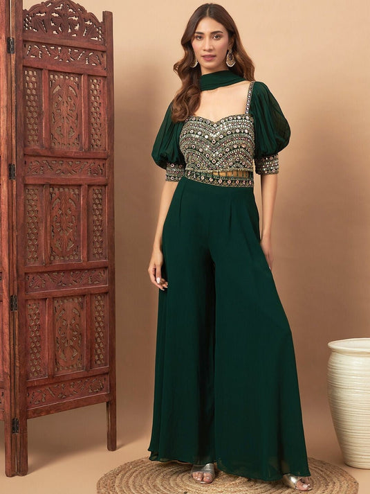 Mirror Embroidered Bishop Sleeves Crop Top & Palazzo With Dupatta