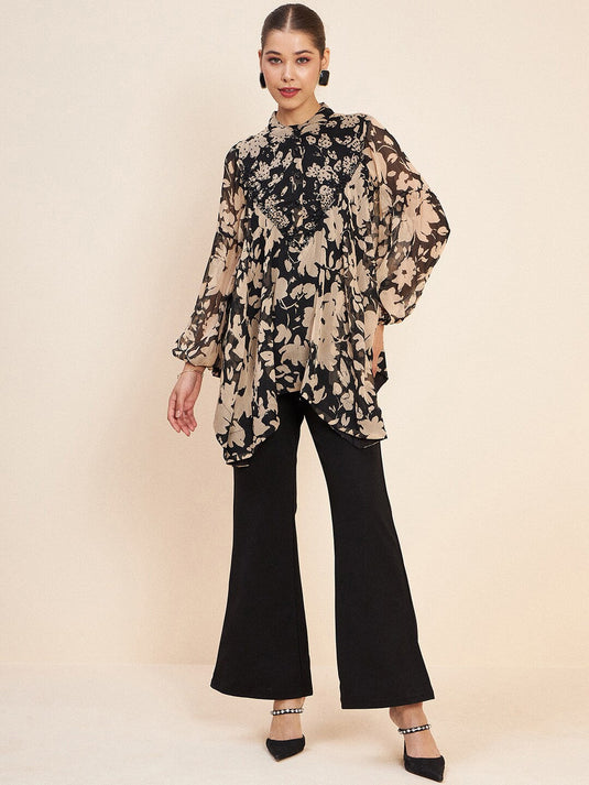 Black Printed Embellished Top & Trousers