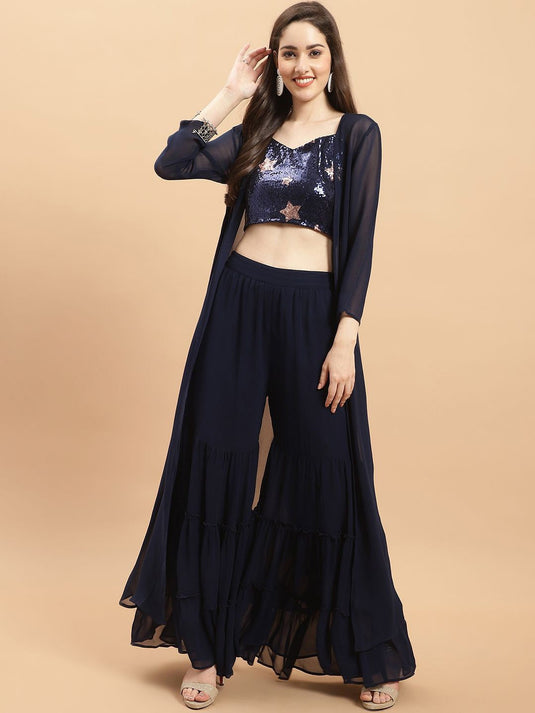 Embellished Sequinned Crop Top with Sharara & Jacket